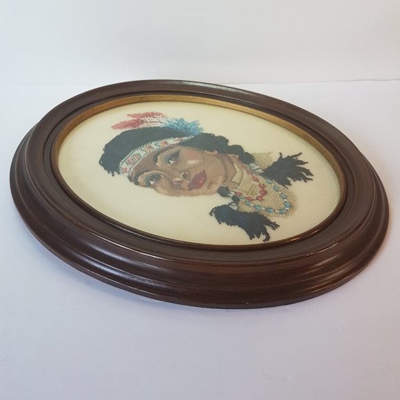 Vintage Petit Point Framed Artwork Indigenous Native American Man Woman Canadian - Picture 12 of 16